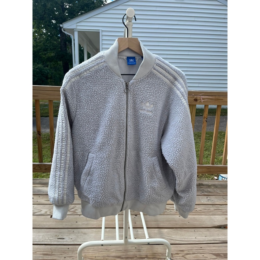 Adidas Originals Women Sherpa Fleece Bomber Jacket White Trefoil Full Zip Medium